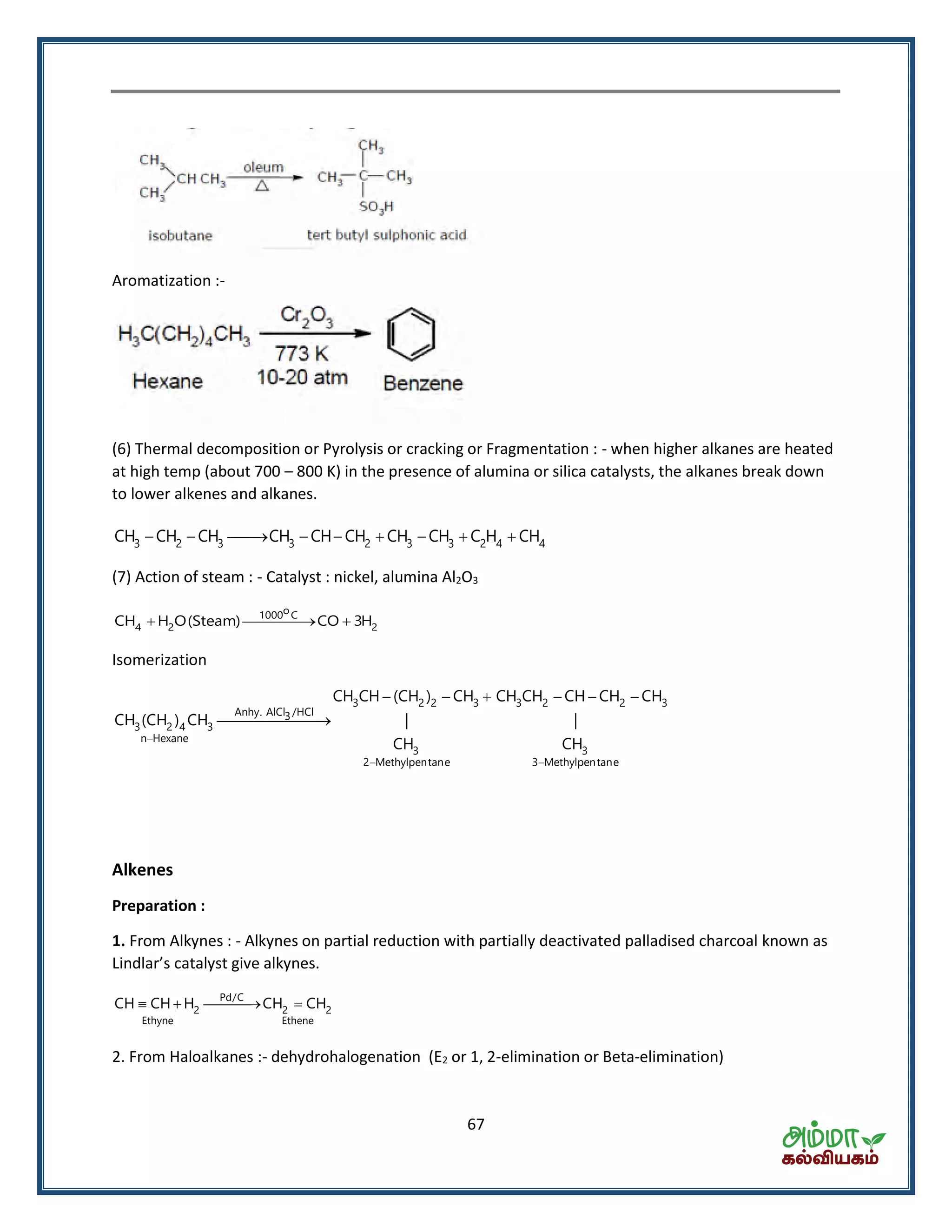 67
Aromatization :-
(6) Thermal decomposition or Pyrolysis or cracking or Fragmentation : - when higher alkanes are heated
at high temp (about 700 – 800 K) in the presence of alumina or silica catalysts, the alkanes break down
to lower alkenes and alkanes.
3 2 3 3 2 3 3 2 4 4CH CH CH CH CH CH CH CH C H CH        
(7) Action of steam : - Catalyst : nickel, alumina Al2O3
o1000 C
4 2 2CH H O(Steam) CO 3H  
Isomerization

 
     

3 2 2 3 3 2 2 3
Anhy. AlCl /HCl3
3 2 4 3
n Hexane
3 3
2 Methylpentane 3 Methylpentane
CH CH (CH ) CH CH CH CH CH CH
CH (CH ) CH | |
CH CH
Alkenes
Preparation :
1. From Alkynes : - Alkynes on partial reduction with partially deactivated palladised charcoal known as
Li dla s atal st gi e alk es.
Pd/C
2 2 2
Ethyne Ethene
CH CH H CH CH   
2. From Haloalkanes :- dehydrohalogenation (E2 or 1, 2-elimination or Beta-elimination)
 