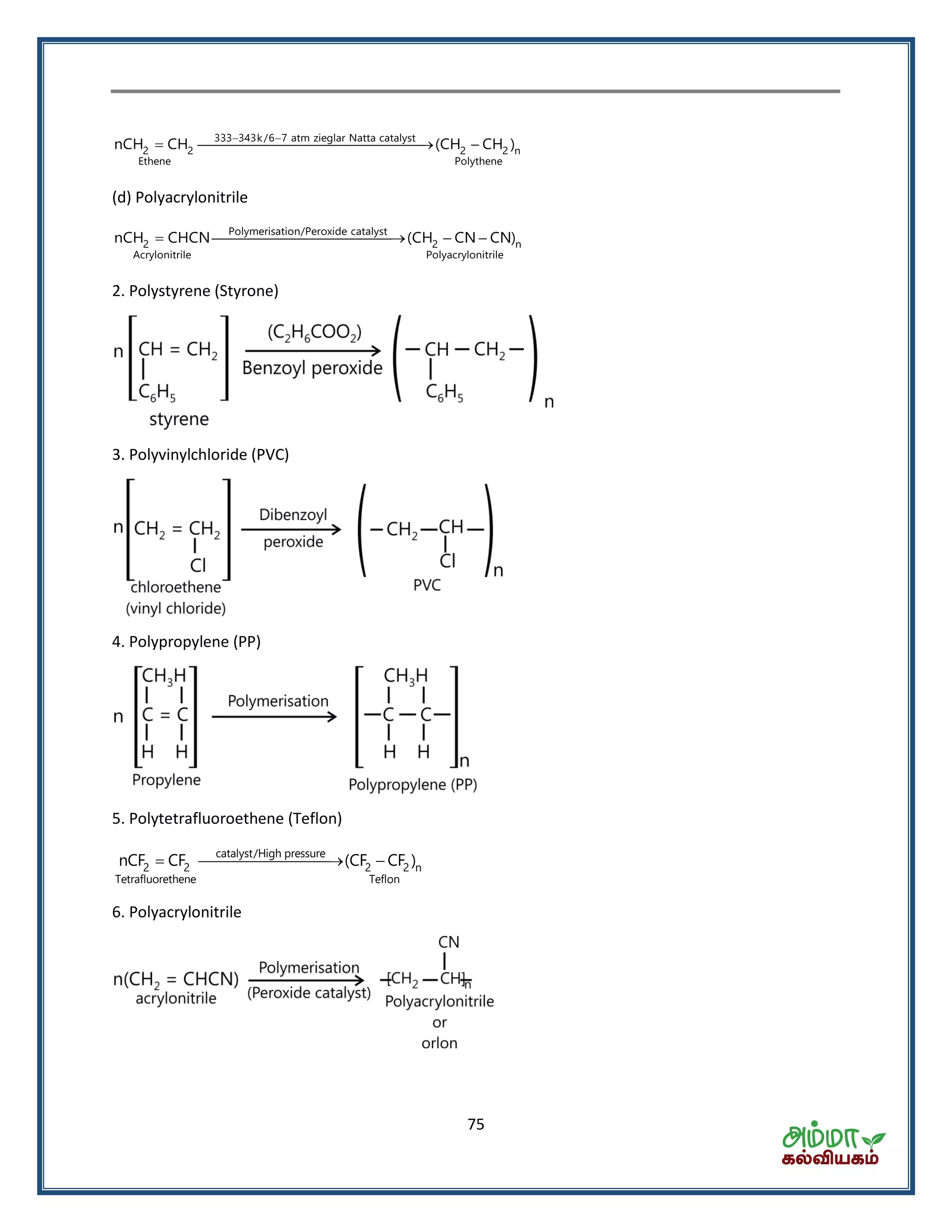 75
333 343k/6 7 atm zieglar Natta catalyst
2 2 2 2 n
Ethene Polythene
nCH CH (CH CH )
 
  
(d) Polyacrylonitrile
Polymerisation/Peroxide catalyst
2 2 n
Acrylonitrile Polyacrylonitrile
nCH CHCN (CH CN CN)   
2. Polystyrene (Styrone)
3. Polyvinylchloride (PVC)
4. Polypropylene (PP)
5. Polytetrafluoroethene (Teflon)
catalyst/High pressure
2 2 2 2 n
Tetrafluorethene Teflon
nCF CF (CF CF )  
6. Polyacrylonitrile
 
