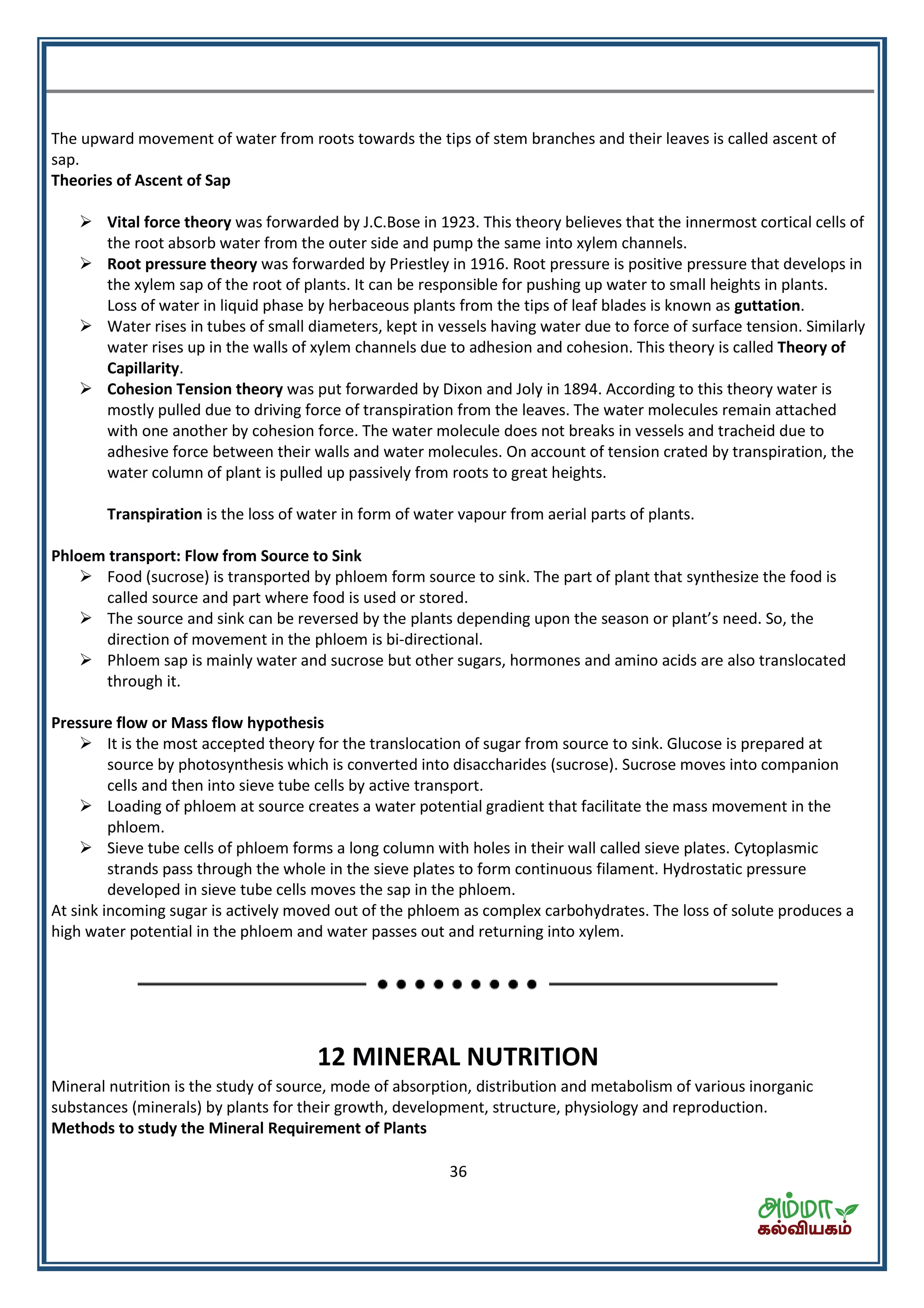 36
The upward movement of water from roots towards the tips of stem branches and their leaves is called ascent of
sap.
Theories of Ascent of Sap
 Vital force theory was forwarded by J.C.Bose in 1923. This theory believes that the innermost cortical cells of
the root absorb water from the outer side and pump the same into xylem channels.
 Root pressure theory was forwarded by Priestley in 1916. Root pressure is positive pressure that develops in
the xylem sap of the root of plants. It can be responsible for pushing up water to small heights in plants.
Loss of water in liquid phase by herbaceous plants from the tips of leaf blades is known as guttation.
 Water rises in tubes of small diameters, kept in vessels having water due to force of surface tension. Similarly
water rises up in the walls of xylem channels due to adhesion and cohesion. This theory is called Theory of
Capillarity.
 Cohesion Tension theory was put forwarded by Dixon and Joly in 1894. According to this theory water is
mostly pulled due to driving force of transpiration from the leaves. The water molecules remain attached
with one another by cohesion force. The water molecule does not breaks in vessels and tracheid due to
adhesive force between their walls and water molecules. On account of tension crated by transpiration, the
water column of plant is pulled up passively from roots to great heights.
Transpiration is the loss of water in form of water vapour from aerial parts of plants.
Phloem transport: Flow from Source to Sink
 Food (sucrose) is transported by phloem form source to sink. The part of plant that synthesize the food is
called source and part where food is used or stored.
 The source and sink can be reversed by the pla ts depe di g upo the seaso o pla t s need. So, the
direction of movement in the phloem is bi-directional.
 Phloem sap is mainly water and sucrose but other sugars, hormones and amino acids are also translocated
through it.
Pressure flow or Mass flow hypothesis
 It is the most accepted theory for the translocation of sugar from source to sink. Glucose is prepared at
source by photosynthesis which is converted into disaccharides (sucrose). Sucrose moves into companion
cells and then into sieve tube cells by active transport.
 Loading of phloem at source creates a water potential gradient that facilitate the mass movement in the
phloem.
 Sieve tube cells of phloem forms a long column with holes in their wall called sieve plates. Cytoplasmic
strands pass through the whole in the sieve plates to form continuous filament. Hydrostatic pressure
developed in sieve tube cells moves the sap in the phloem.
At sink incoming sugar is actively moved out of the phloem as complex carbohydrates. The loss of solute produces a
high water potential in the phloem and water passes out and returning into xylem.
12 MINERAL NUTRITION
Mineral nutrition is the study of source, mode of absorption, distribution and metabolism of various inorganic
substances (minerals) by plants for their growth, development, structure, physiology and reproduction.
Methods to study the Mineral Requirement of Plants
 