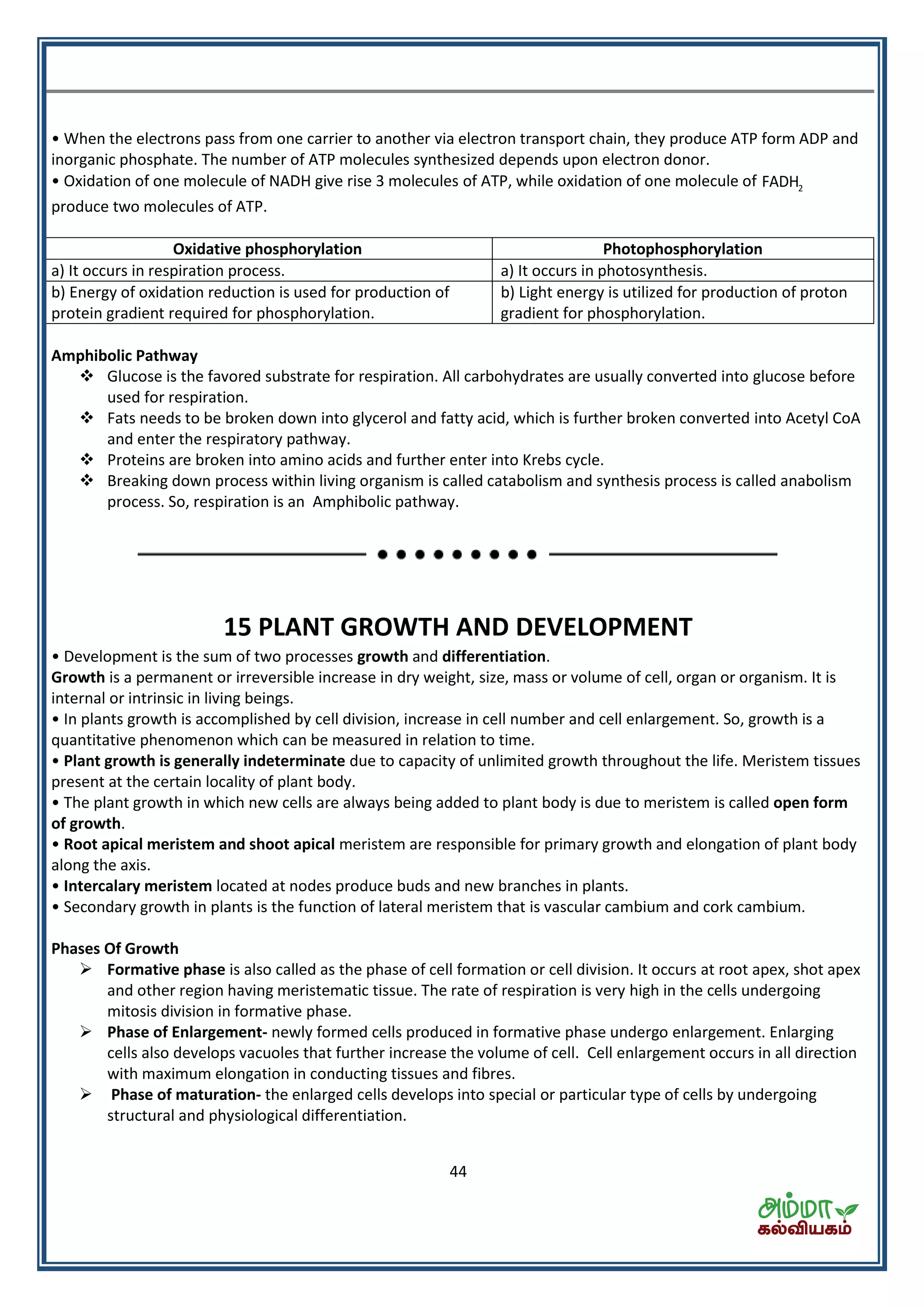 44
• When the electrons pass from one carrier to another via electron transport chain, they produce ATP form ADP and
inorganic phosphate. The number of ATP molecules synthesized depends upon electron donor.
• Oxidation of one molecule of NADH give rise 3 molecules of ATP, while oxidation of one molecule of 2FADH
produce two molecules of ATP.
Oxidative phosphorylation Photophosphorylation
a) It occurs in respiration process. a) It occurs in photosynthesis.
b) Energy of oxidation reduction is used for production of
protein gradient required for phosphorylation.
b) Light energy is utilized for production of proton
gradient for phosphorylation.
Amphibolic Pathway
 Glucose is the favored substrate for respiration. All carbohydrates are usually converted into glucose before
used for respiration.
 Fats needs to be broken down into glycerol and fatty acid, which is further broken converted into Acetyl CoA
and enter the respiratory pathway.
 Proteins are broken into amino acids and further enter into Krebs cycle.
 Breaking down process within living organism is called catabolism and synthesis process is called anabolism
process. So, respiration is an Amphibolic pathway.
15 PLANT GROWTH AND DEVELOPMENT
• Development is the sum of two processes growth and differentiation.
Growth is a permanent or irreversible increase in dry weight, size, mass or volume of cell, organ or organism. It is
internal or intrinsic in living beings.
• In plants growth is accomplished by cell division, increase in cell number and cell enlargement. So, growth is a
quantitative phenomenon which can be measured in relation to time.
• Plant growth is generally indeterminate due to capacity of unlimited growth throughout the life. Meristem tissues
present at the certain locality of plant body.
• The plant growth in which new cells are always being added to plant body is due to meristem is called open form
of growth.
• Root apical meristem and shoot apical meristem are responsible for primary growth and elongation of plant body
along the axis.
• Intercalary meristem located at nodes produce buds and new branches in plants.
• Secondary growth in plants is the function of lateral meristem that is vascular cambium and cork cambium.
Phases Of Growth
 Formative phase is also called as the phase of cell formation or cell division. It occurs at root apex, shot apex
and other region having meristematic tissue. The rate of respiration is very high in the cells undergoing
mitosis division in formative phase.
 Phase of Enlargement- newly formed cells produced in formative phase undergo enlargement. Enlarging
cells also develops vacuoles that further increase the volume of cell. Cell enlargement occurs in all direction
with maximum elongation in conducting tissues and fibres.
 Phase of maturation- the enlarged cells develops into special or particular type of cells by undergoing
structural and physiological differentiation.
 