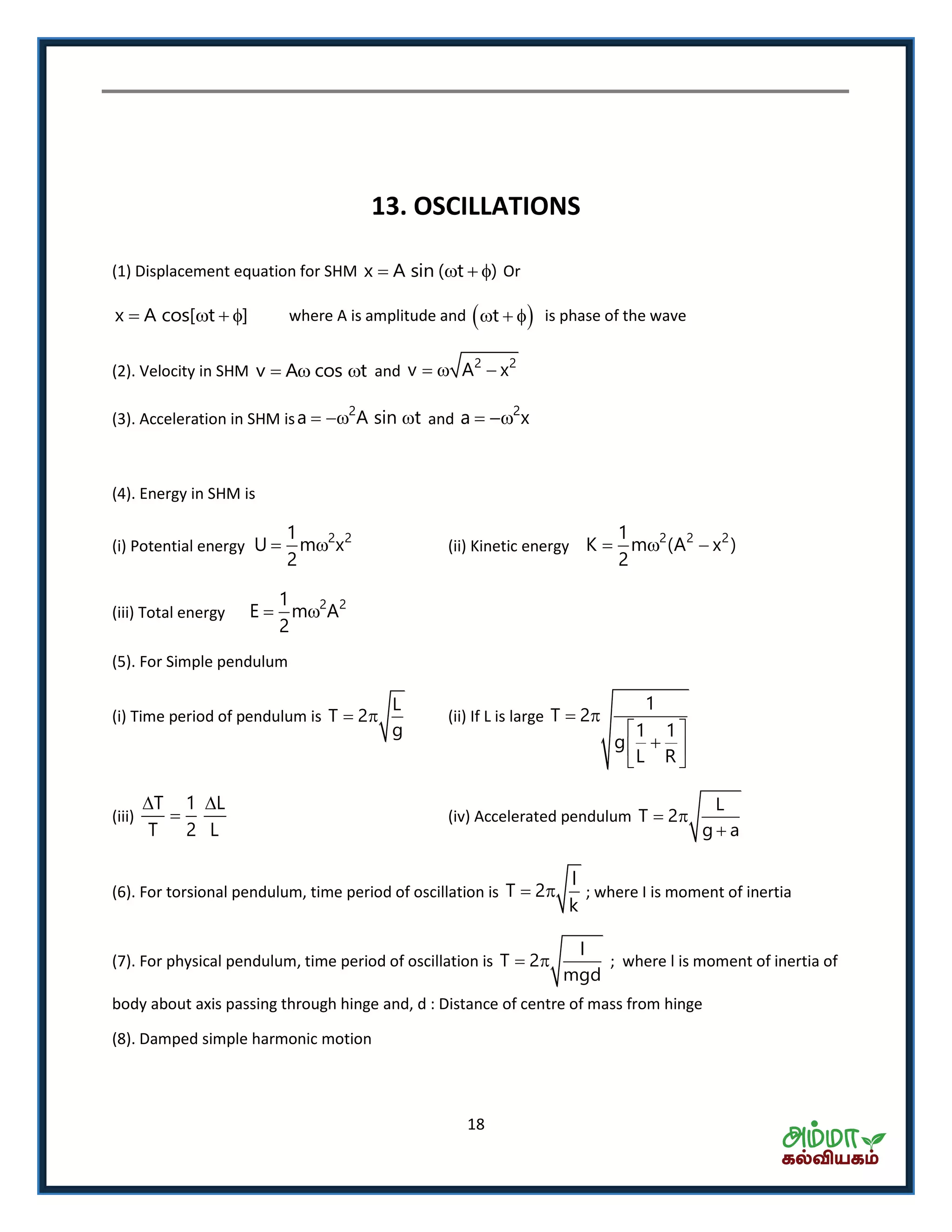 18
13. OSCILLATIONS
(1) Displacement equation for SHM x A sin ( t )    Or
x A cos[ t ]    where A is amplitude and  t   is phase of the wave
(2). Velocity in SHM v A cos t   and
2 2
v A x  
(3). Acceleration in SHM is
2
a A sin t   and
2
a x 
(4). Energy in SHM is
(i) Potential energy
2 21
U m x
2
  (ii) Kinetic energy
2 2 21
K m (A x )
2
  
(iii) Total energy
2 21
E m A
2
 
(5). For Simple pendulum
(i) Time period of pendulum is
L
T 2
g
  (ii) If L is large
1
T 2
1 1
g
L R
 
 
 
 
(iii)
T 1 L
T 2 L
 
 (iv) Accelerated pendulum
L
T 2
g a
 

(6). For torsional pendulum, time period of oscillation is
l
T 2
k
  ; where I is moment of inertia
(7). For physical pendulum, time period of oscillation is
l
T 2
mgd
  ; where l is moment of inertia of
body about axis passing through hinge and, d : Distance of centre of mass from hinge
(8). Damped simple harmonic motion
 