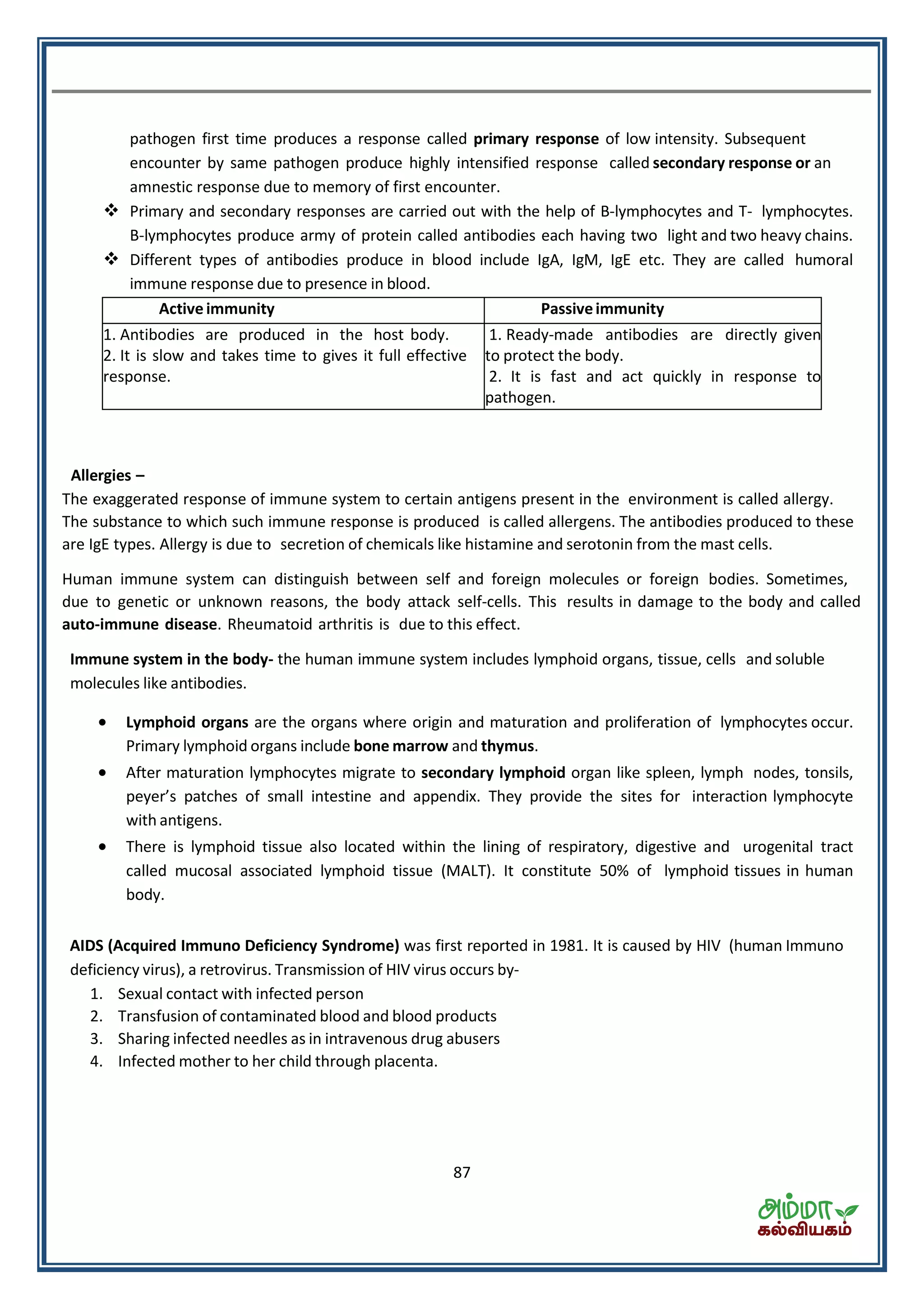 87
pathogen first time produces a response called primary response of low intensity. Subsequent
encounter by same pathogen produce highly intensified response called secondary response or an
amnestic response due to memory of first encounter.
 Primary and secondary responses are carried out with the help of B-lymphocytes and T- lymphocytes.
B-lymphocytes produce army of protein called antibodies each having two light and two heavy chains.
 Different types of antibodies produce in blood include IgA, IgM, IgE etc. They are called humoral
immune response due to presence in blood.
Active immunity Passiveimmunity
1. Antibodies are produced in the host body.
2. It is slow and takes time to gives it full effective
response.
1. Ready-made antibodies are directly given
to protect the body.
2. It is fast and act quickly in response to
pathogen.
Allergies –
The exaggerated response of immune system to certain antigens present in the environment is called allergy.
The substance to which such immune response is produced is called allergens. The antibodies produced to these
are IgE types. Allergy is due to secretion of chemicals like histamine and serotonin from the mast cells.
Human immune system can distinguish between self and foreign molecules or foreign bodies. Sometimes,
due to genetic or unknown reasons, the body attack self-cells. This results in damage to the body and called
auto-immune disease. Rheumatoid arthritis is due to this effect.
Immune system in the body- the human immune system includes lymphoid organs, tissue, cells and soluble
molecules like antibodies.
 Lymphoid organs are the organs where origin and maturation and proliferation of lymphocytes occur.
Primary lymphoid organs include bone marrow and thymus.
 After maturation lymphocytes migrate to secondary lymphoid organ like spleen, lymph nodes, tonsils,
pe e s patches of small intestine and appendix. They provide the sites for interaction lymphocyte
with antigens.
 There is lymphoid tissue also located within the lining of respiratory, digestive and urogenital tract
called mucosal associated lymphoid tissue (MALT). It constitute 50% of lymphoid tissues in human
body.
AIDS (Acquired Immuno Deficiency Syndrome) was first reported in 1981. It is caused by HIV (human Immuno
deficiency virus), a retrovirus. Transmission of HIV virus occurs by-
1. Sexual contact with infected person
2. Transfusion of contaminated blood and blood products
3. Sharing infected needles as in intravenous drug abusers
4. Infected mother to her child through placenta.
 