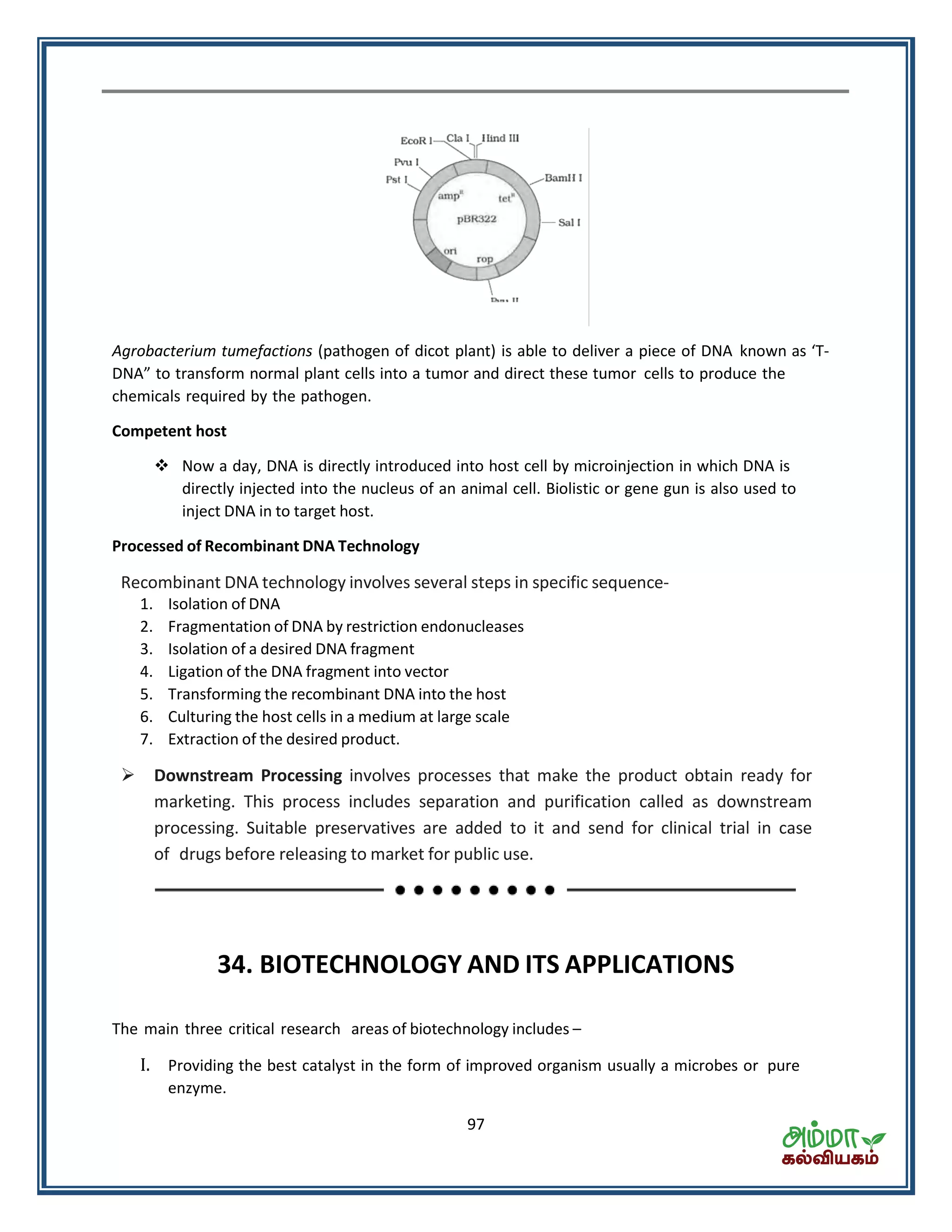 97
Agrobacterium tumefactions (pathogen of dicot plant) is able to deliver a piece of DNA known as T-
DNA to transform normal plant cells into a tumor and direct these tumor cells to produce the
chemicals required by the pathogen.
Competent host
 Now a day, DNA is directly introduced into host cell by microinjection in which DNA is
directly injected into the nucleus of an animal cell. Biolistic or gene gun is also used to
inject DNA in to target host.
Processed of Recombinant DNA Technology
Recombinant DNA technology involves several steps in specific sequence-
1. Isolation of DNA
2. Fragmentation of DNA by restriction endonucleases
3. Isolation of a desired DNA fragment
4. Ligation of the DNA fragment into vector
5. Transforming the recombinant DNA into the host
6. Culturing the host cells in a medium at large scale
7. Extraction of the desired product.
 Downstream Processing involves processes that make the product obtain ready for
marketing. This process includes separation and purification called as downstream
processing. Suitable preservatives are added to it and send for clinical trial in case
of drugs before releasing to market for public use.
34. BIOTECHNOLOGY AND ITS APPLICATIONS
The main three critical research areas of biotechnology includes –
I. Providing the best catalyst in the form of improved organism usually a microbes or pure
enzyme.
 