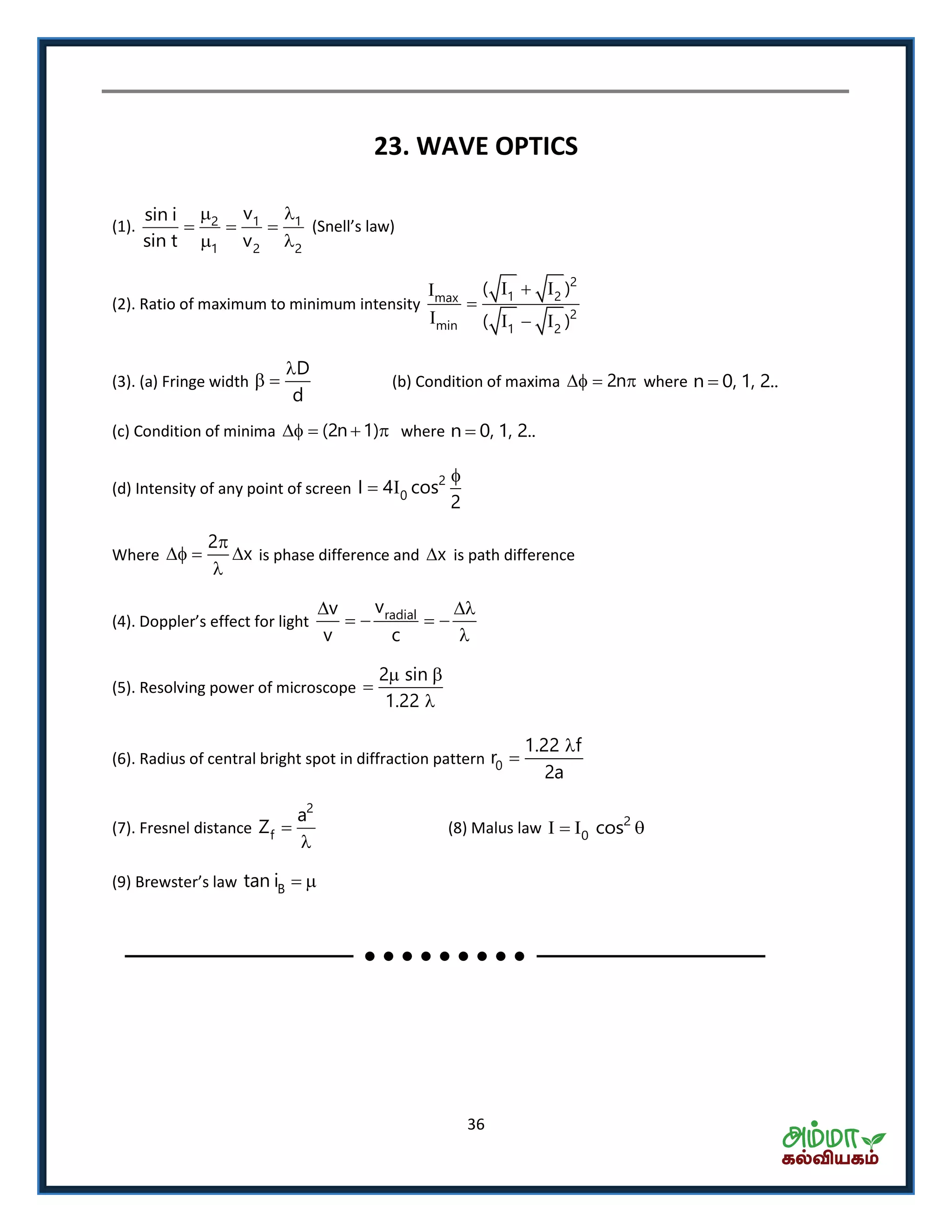 36
23. WAVE OPTICS
(1). 2 1 1
1 2 2
vsin i
sin t v
 
  
 
S ell s la
(2). Ratio of maximum to minimum intensity
2
1 2max
2
min 1 2
( )
( )
  

   
(3). (a) Fringe width
D
d

  (b) Condition of maxima 2n   where n 0, 1, 2..
(c) Condition of minima (2n 1)    where n 0, 1, 2..
(d) Intensity of any point of screen
2
0I 4 cos
2

 
Where
2
x

  

is phase difference and x is path difference
. Dopple s effe t fo light radialvv
v c
 
   

(5). Resolving power of microscope
2 sin
1.22
 


(6). Radius of central bright spot in diffraction pattern 0
1.22 f
r
2a


(7). Fresnel distance
2
f
a
Z 

(8) Malus law 2
0 cos   
9 B e ste s la Btan i  
 