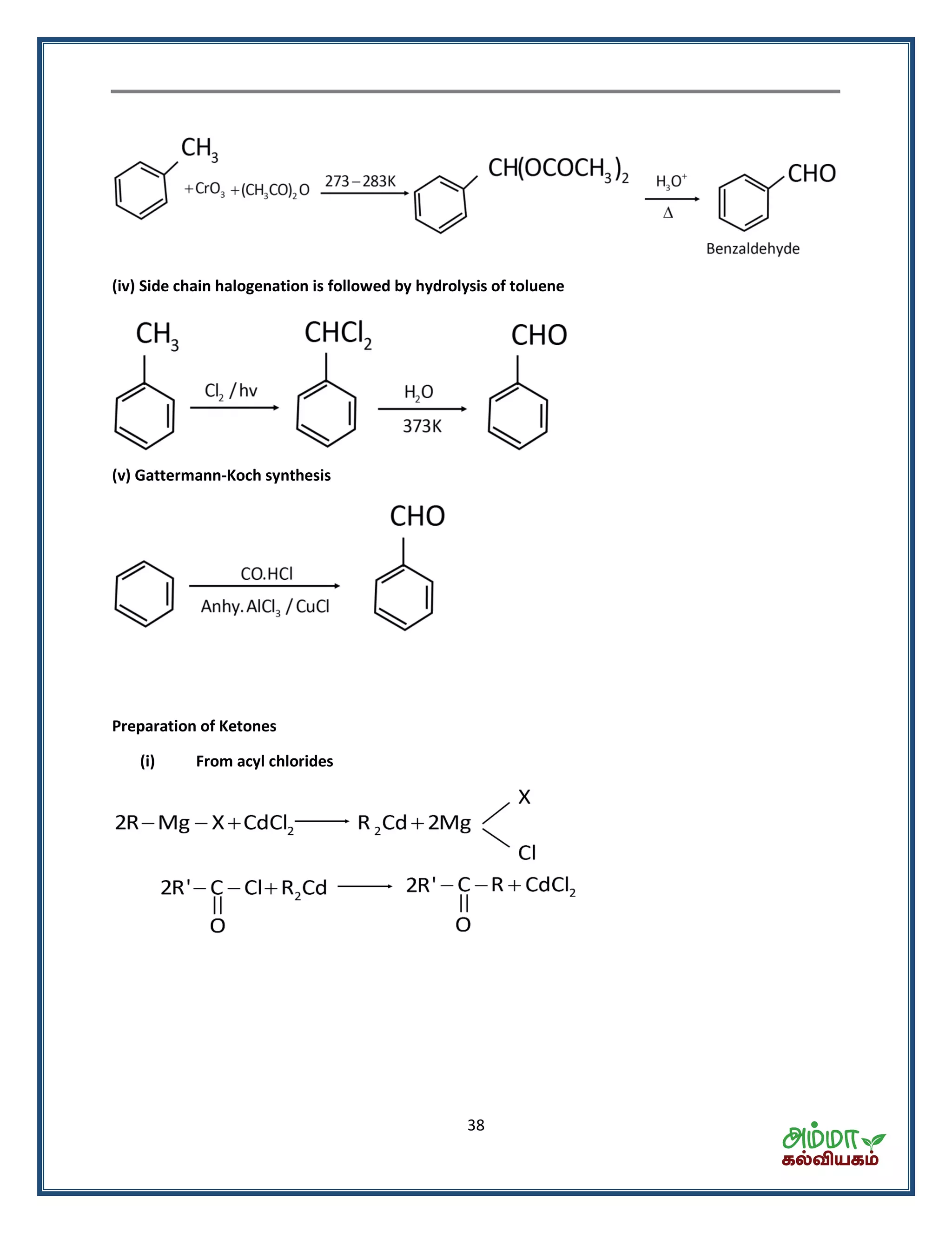 38
(iv) Side chain halogenation is followed by hydrolysis of toluene
(v) Gattermann-Koch synthesis
Preparation of Ketones
(i) From acyl chlorides
 