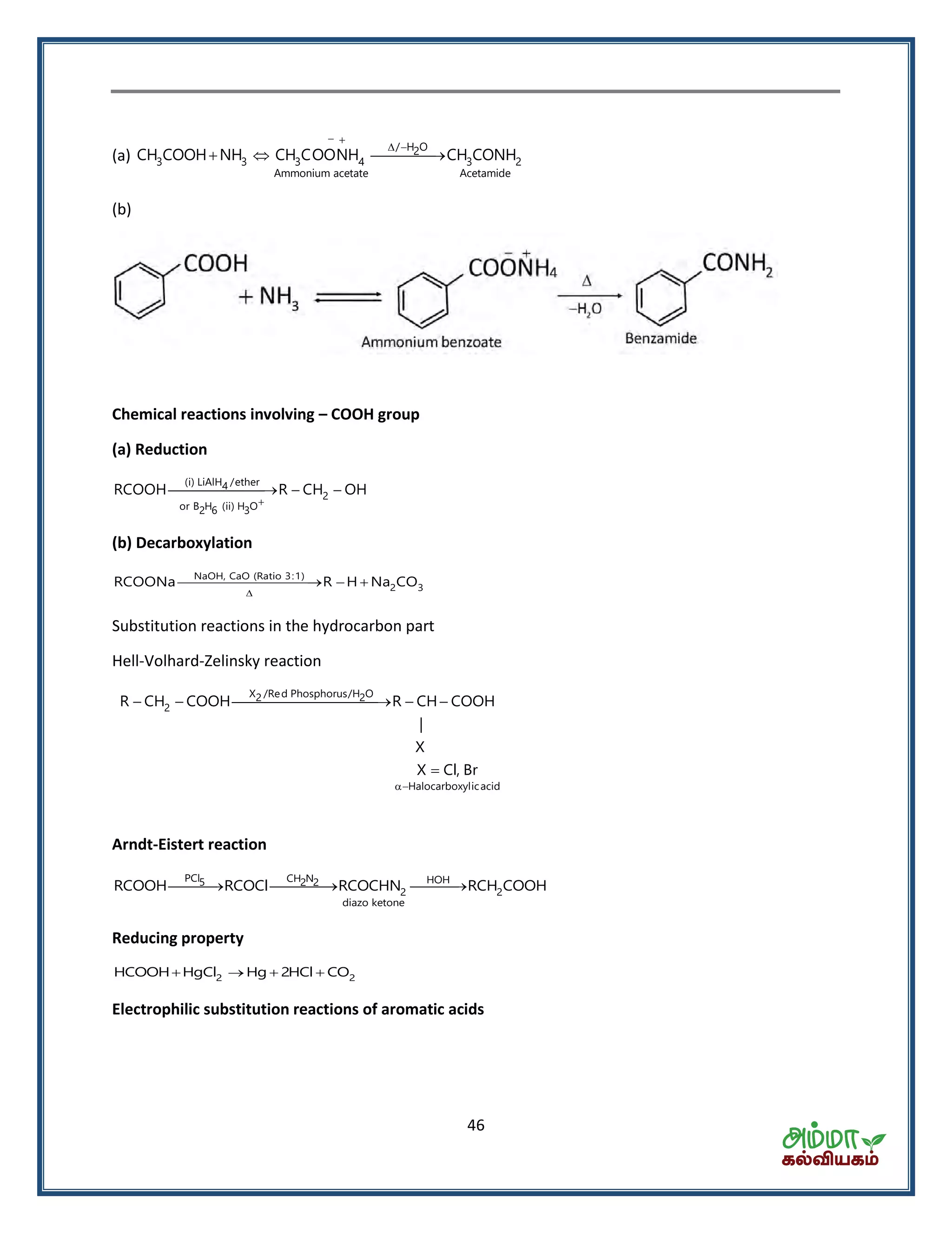 46
(a)
 
 
  
/ H O2
3 3 3 4 3 2
Ammonium acetate Acetamide
CH COOH NH CH COONH CH CONH
(b)
Chemical reactions involving – COOH group
(a) Reduction
(i) LiAlH /ether4
2
or B H (ii) H O2 6 3
RCOOH R CH OH

  
(b) Decarboxylation
NaOH, CaO (Ratio 3:1)
2 3RCOONa R H Na CO

  
Substitution reactions in the hydrocarbon part
Hell-Volhard-Zelinsky reaction

    

X /Red Phosphorus/H O2 2
2
Halocarboxylicacid
R CH COOH R CH COOH
|
X
X Cl, Br
Arndt-Eistert reaction
  
PCl CH N HOH5 2 2
2 2
diazo ketone
RCOOH RCOCl RCOCHN RCH COOH
Reducing property
2 2HCOOH HgCl Hg 2HCl CO   
Electrophilic substitution reactions of aromatic acids
 