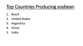 Top Countries Producing soybean
1. Brazil
2. United States
3. Argentina
4. China
5. India
 