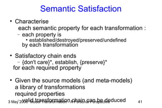 3 May 2006 Model Transformation - A Personal Perspective 41
Semantic Satisfaction
●
Characterise
each semantic property for each transformation :
− each property is
●
established/destroyed/preserved/undefined
by each transformation
●
Satisfactory chain ends
− {don't care}*, establish, {preserve}*
for each required property
●
Given the source models (and meta-models)
a library of transformations
required properties
− valid transformation chain can be deduced
 