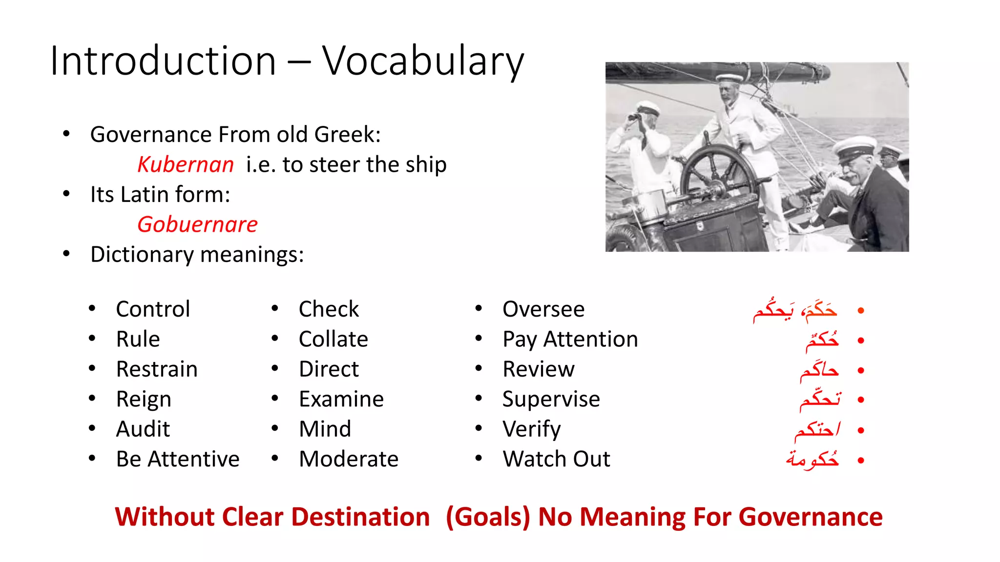 Introduction – Vocabulary
• Governance From old Greek:
Kubernan i.e. to steer the ship
• Its Latin form:
Gobuernare
• Dictionary meanings:
• Control
• Rule
• Restrain
• Reign
• Audit
• Be Attentive
• Check
• Collate
• Direct
• Examine
• Mind
• Moderate
• Oversee
• Pay Attention
• Review
• Supervise
• Verify
• Watch Out
Without Clear Destination (Goals) No Meaning For Governance
•ََ‫م‬َ‫ك‬َ‫ح‬‫م‬ُ‫ك‬‫ح‬َ‫ي‬َ،
•َ‫كم‬ُ‫ح‬
•‫م‬َ‫ك‬‫حا‬
•‫م‬ّ‫ك‬‫تح‬
•َ‫احتكم‬
•‫كومة‬ُ‫ح‬
 