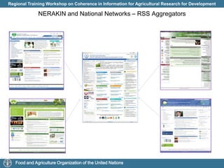Regional Outputs- Regional Thematic Knowledge NetworksFAO has continued to work closely with regional partners such as AARINENA, ICARDA, GFAR and AOAD. The goal in all cases has been to establish and develop thematic networks of professional staff and collaborating centers for sustainable agriculture and food security. In collaboration with AARINENA and GFAR, FAO worked on developing the Near East and North Africa Rural and Agricultural Knowledge and Information Network (NERAKIN - http://www.nerakin.net/). 