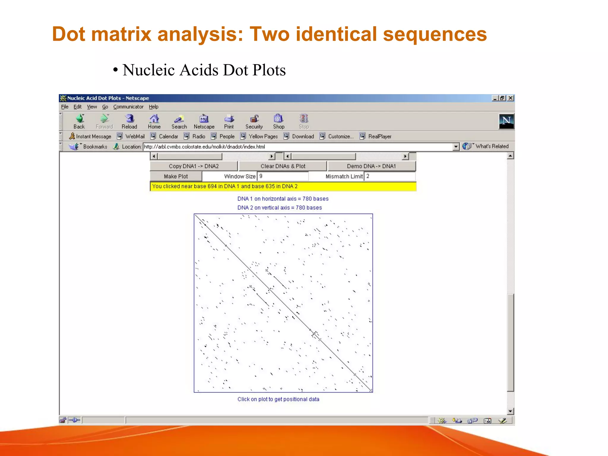 • Nucleic Acids Dot Plots
Dot matrix analysis: Two identical sequences
 