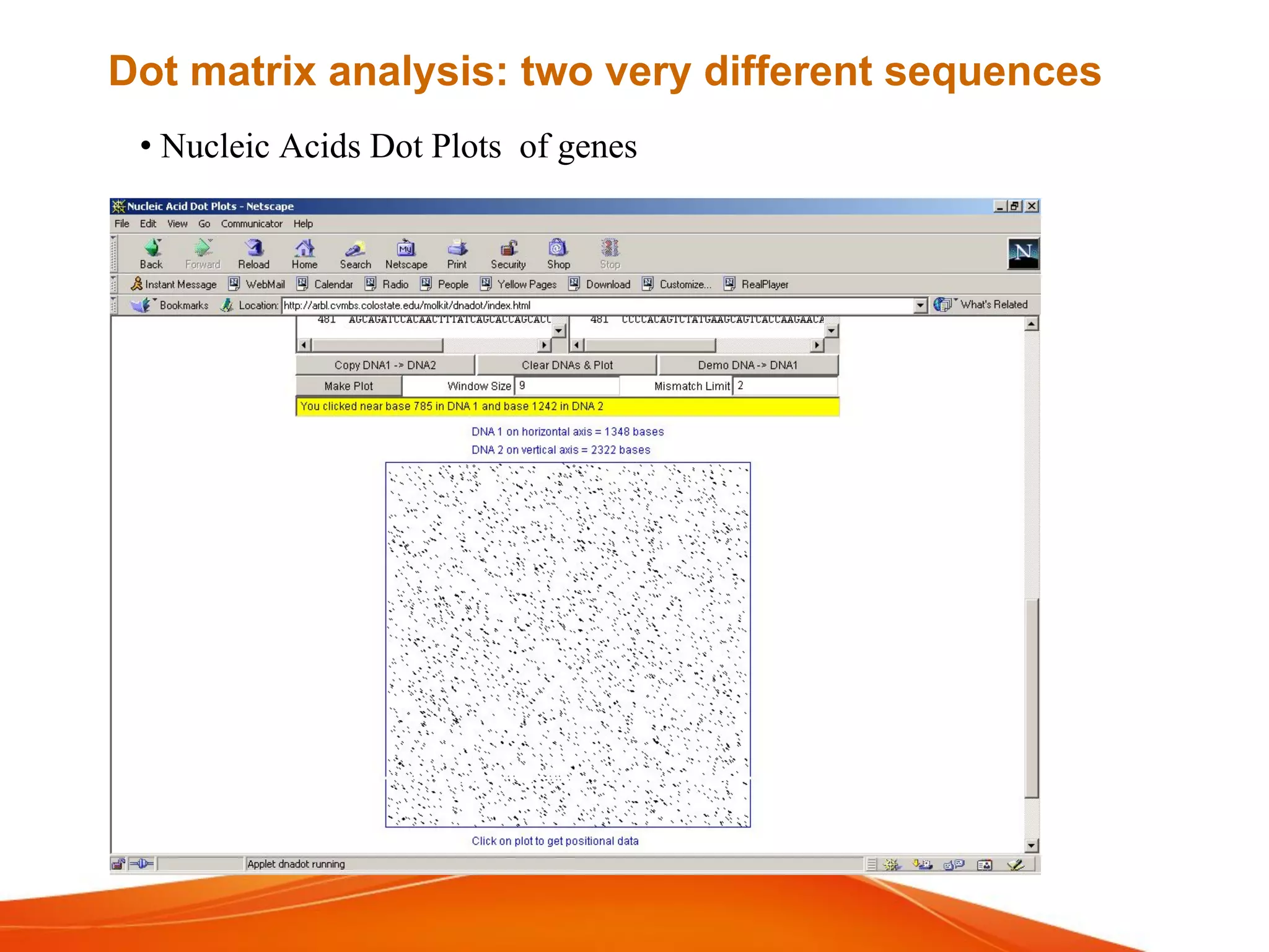 • Nucleic Acids Dot Plots of genes
Dot matrix analysis: two very different sequences
 