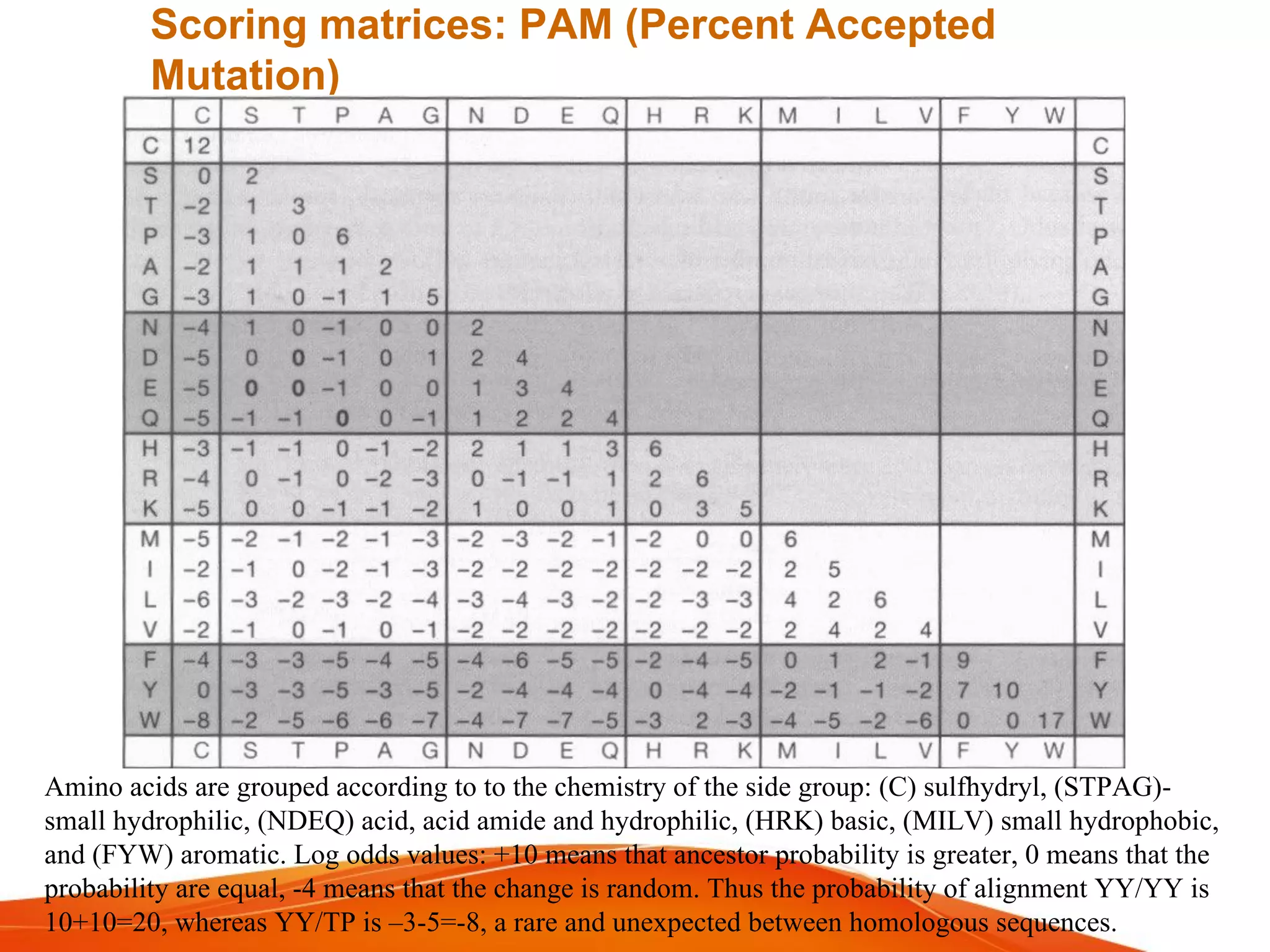 Scoring matrices: PAM (Percent Accepted
Mutation)
Amino acids are grouped according to to the chemistry of the side group: (C) sulfhydryl, (STPAG)-
small hydrophilic, (NDEQ) acid, acid amide and hydrophilic, (HRK) basic, (MILV) small hydrophobic,
and (FYW) aromatic. Log odds values: +10 means that ancestor probability is greater, 0 means that the
probability are equal, -4 means that the change is random. Thus the probability of alignment YY/YY is
10+10=20, whereas YY/TP is –3-5=-8, a rare and unexpected between homologous sequences.
 