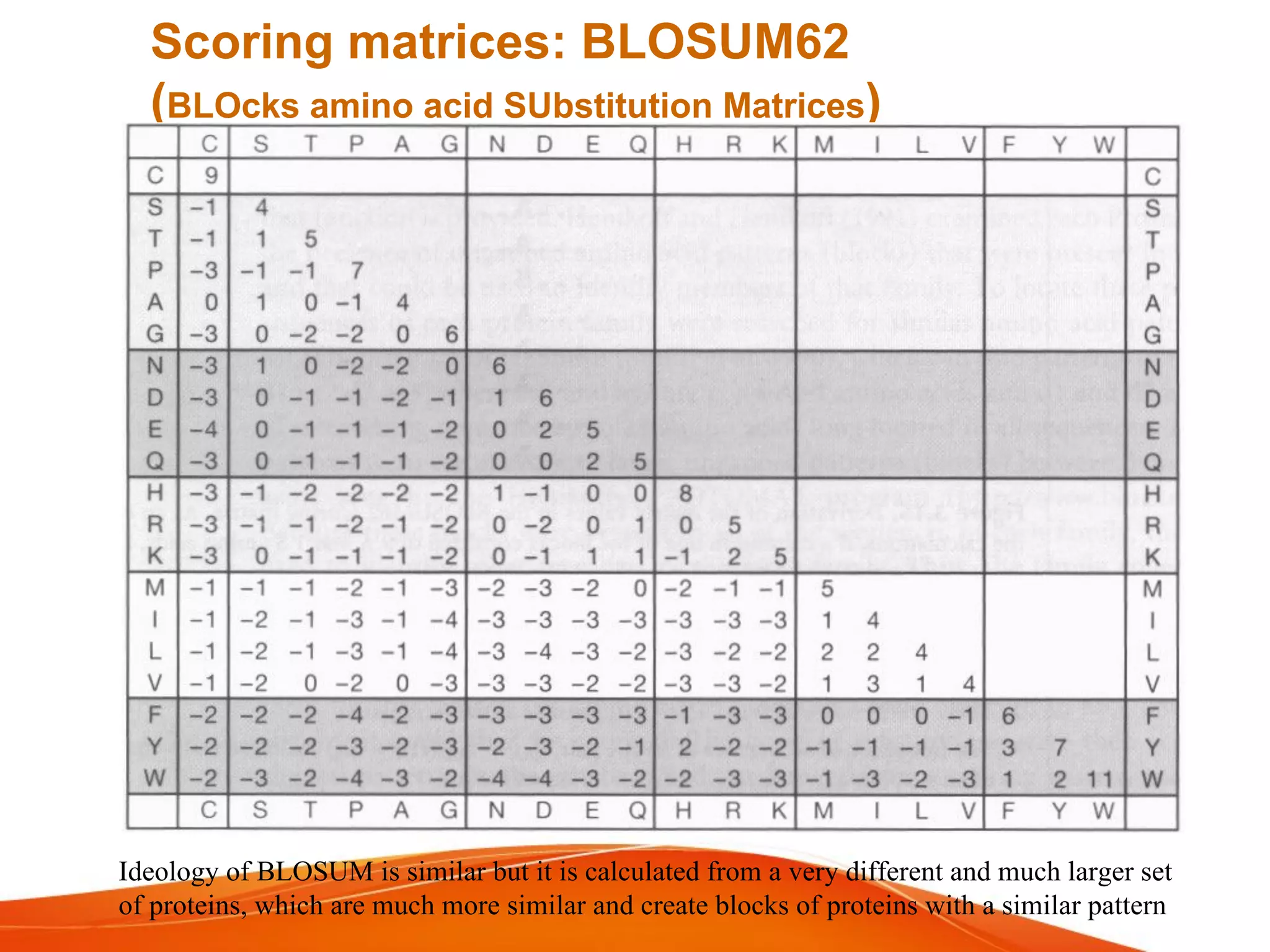Scoring matrices: BLOSUM62
(BLOcks amino acid SUbstitution Matrices)
Ideology of BLOSUM is similar but it is calculated from a very different and much larger set
of proteins, which are much more similar and create blocks of proteins with a similar pattern
 