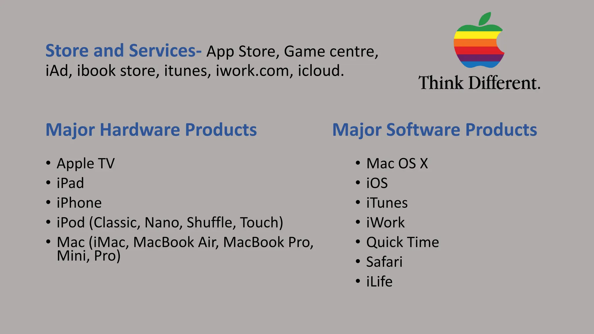 Store and Services- App Store, Game centre,
iAd, ibook store, itunes, iwork.com, icloud.
Major Hardware Products
• Apple TV
• iPad
• iPhone
• iPod (Classic, Nano, Shuffle, Touch)
• Mac (iMac, MacBook Air, MacBook Pro,
Mini, Pro)
Major Software Products
• Mac OS X
• iOS
• iTunes
• iWork
• Quick Time
• Safari
• iLife
 