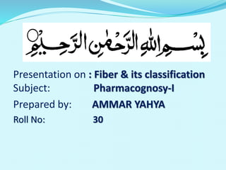 Presentation on : Fiber & its classification
Subject: Pharmacognosy-I
Prepared by: AMMAR YAHYA
Roll No: 30
 