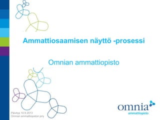 Ammattiosaamisen näyttö -prosessi
Omnian ammattiopisto

Päivitys 10.9.2013
Omnian ammattiopiston jory

 