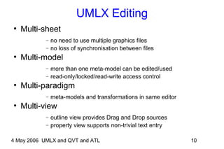 4 May 2006 UMLX and QVT and ATL 10
UMLX Editing
●
Multi-sheet
− no need to use multiple graphics files
− no loss of synchronisation between files
●
Multi-model
− more than one meta-model can be edited/used
− read-only/locked/read-write access control
●
Multi-paradigm
− meta-models and transformations in same editor
●
Multi-view
− outline view provides Drag and Drop sources
− property view supports non-trivial text entry
 