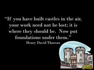 “If you have built castles in the air,
  your work need not be lost; it is
  where they should be. Now put
     foundations under them.”
          Henry David Thoreau
 