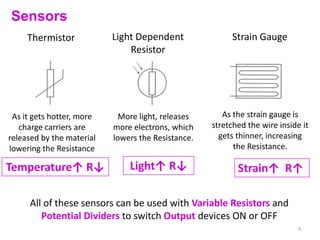 Sensors
     Thermistor            Light Dependent               Strain Gauge
                               Resistor




 As it gets hotter, more     More light, releases      As the strain gauge is
   charge carriers are     more electrons, which    stretched the wire inside it
released by the material   lowers the Resistance.     gets thinner, increasing
lowering the Resistance                                   the Resistance.

Temperature↑ R↓                Light↑ R↓                   Strain↑ R↑

     All of these sensors can be used with Variable Resistors and
        Potential Dividers to switch Output devices ON or OFF
                                                                            4
 