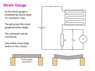 Strain Gauge
As the Strain gauge is
stretched by heavy loads
it’s resistance rises.

The pd across the strain
gauge becomes larger.

The voltmeter can be
monitored.

Low values mean large
strains in this circuit.




                           9
 