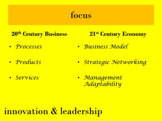 focus
 20th Century Business       21st Century Economy

 • Processes              • Business Model

 • Products               • Strategic Networking

 • Services               • Management
                            Adaptability




innovation & leadership
 