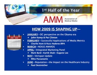 1st Half of the Year



                 HOW 2009 IS SHAPING UP—
                                     UP—
              JANUARY—DC perspective on the Obama era
              JANUARY—DC perspective on the Obama era
JUNE   2009      John Kamp & Pat Clinton
                 John Kamp & Pat Clinton
              FEBRUARY—Successful Applications of Media Metrics
              FEBRUARY—Successful Applications of Media Metrics
                 Charlie Hunt & Russ Haderer/BPA
                 Charlie Hunt & Russ Haderer/BPA
              MARCH—NEXUS AWARDS
              MARCH—NEXUS AWARDS
              APRIL—Integrated Marketing Panel
              APRIL—Integrated Marketing Panel
                 Mark Bard—Kartik Shah—Eugene Lee
                 Mark Bard—Kartik Shah—Eugene Lee
              MAY—Verispan Update
              MAY—Verispan Update
                 Mike Passanante
                 Mike Passanante
              JUNE—Reputation—the Impact on the Healthcare Industry
              JUNE—Reputation—the Impact on the Healthcare Industry
                 Paul Oestreicher
                 Paul Oestreicher
 