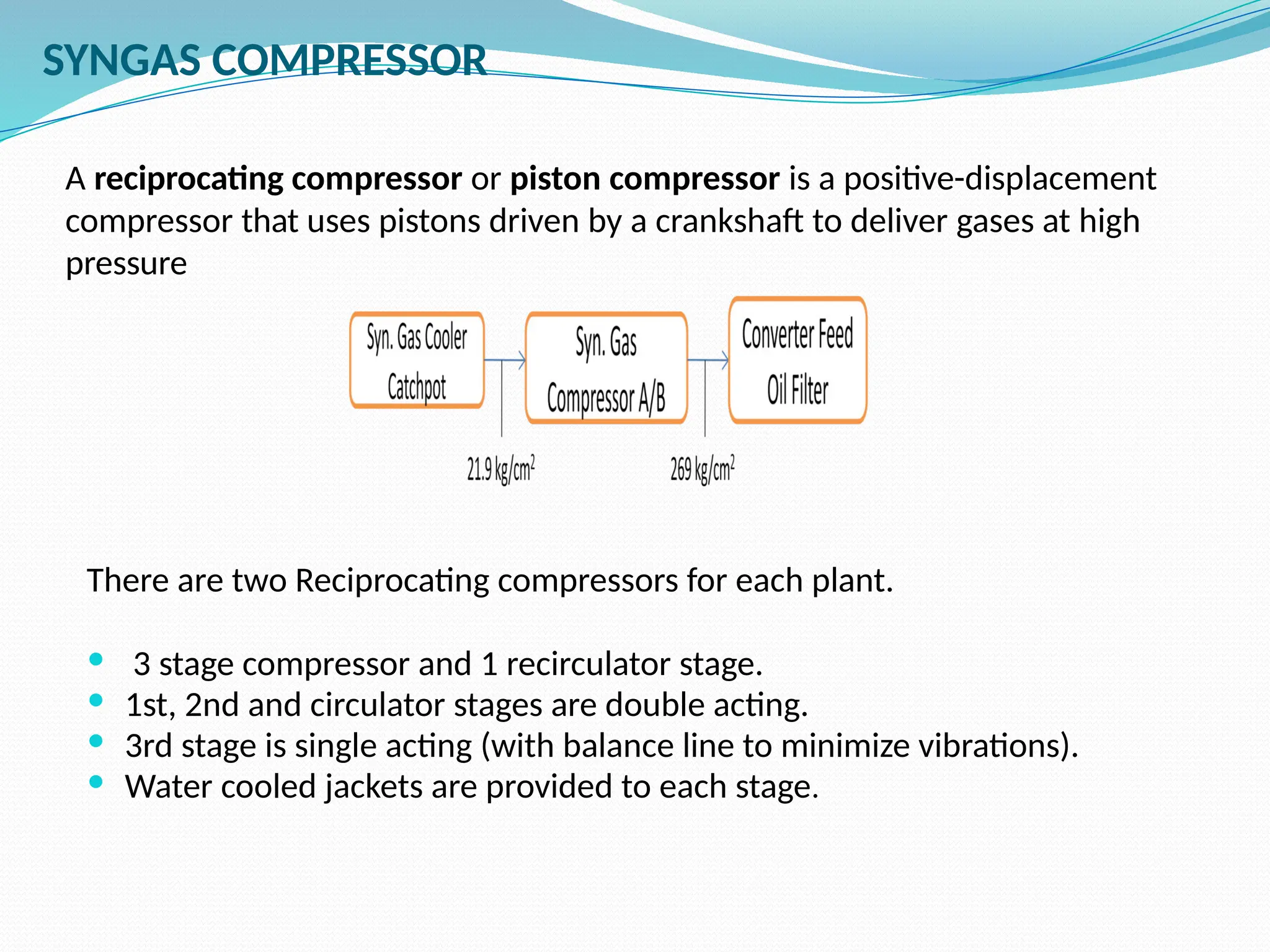 SYNGAS COMPRESSOR
A reciprocating compressor or piston compressor is a positive-displacement
compressor that uses pistons driven by a crankshaft to deliver gases at high
pressure
There are two Reciprocating compressors for each plant.
 3 stage compressor and 1 recirculator stage.
 1st, 2nd and circulator stages are double acting.
 3rd stage is single acting (with balance line to minimize vibrations).
 Water cooled jackets are provided to each stage.
 