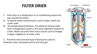 FILTER DRIER
1. Filter-drier in a refrigeration or air conditioning system has
two essential functions:
a) To adsorb system contaminants, such as water, which can
create acids
b) To provide physical filtration. The ability to remove water
from a refrigeration system is the most important function of
a drier. Water can come from many sources such as leakage
in pipes, trapped air, to name a few.
2. The three most common type of desiccants used are
molecular sieve, activated alumina and silica gel.
 