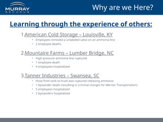 Why are we Here?
Learning through the experience of others:
1.American Cold Storage – Louisville, KY
• Employees removed a unlabeled valve on an ammonia line
• 2 employee deaths
2.Mountaire Farms – Lumber Bridge, NC
• High pressure ammonia line ruptured
• 1 employee death
• 4 employees hospitalized
3.Tanner Industries – Swansea, SC
• Hose from tank to truck was ruptured releasing ammonia
• 1 bystander death (resulting in criminal charges for Werner Transportation)
• 5 employees hospitalized
• 2 bystanders hospitalized
 