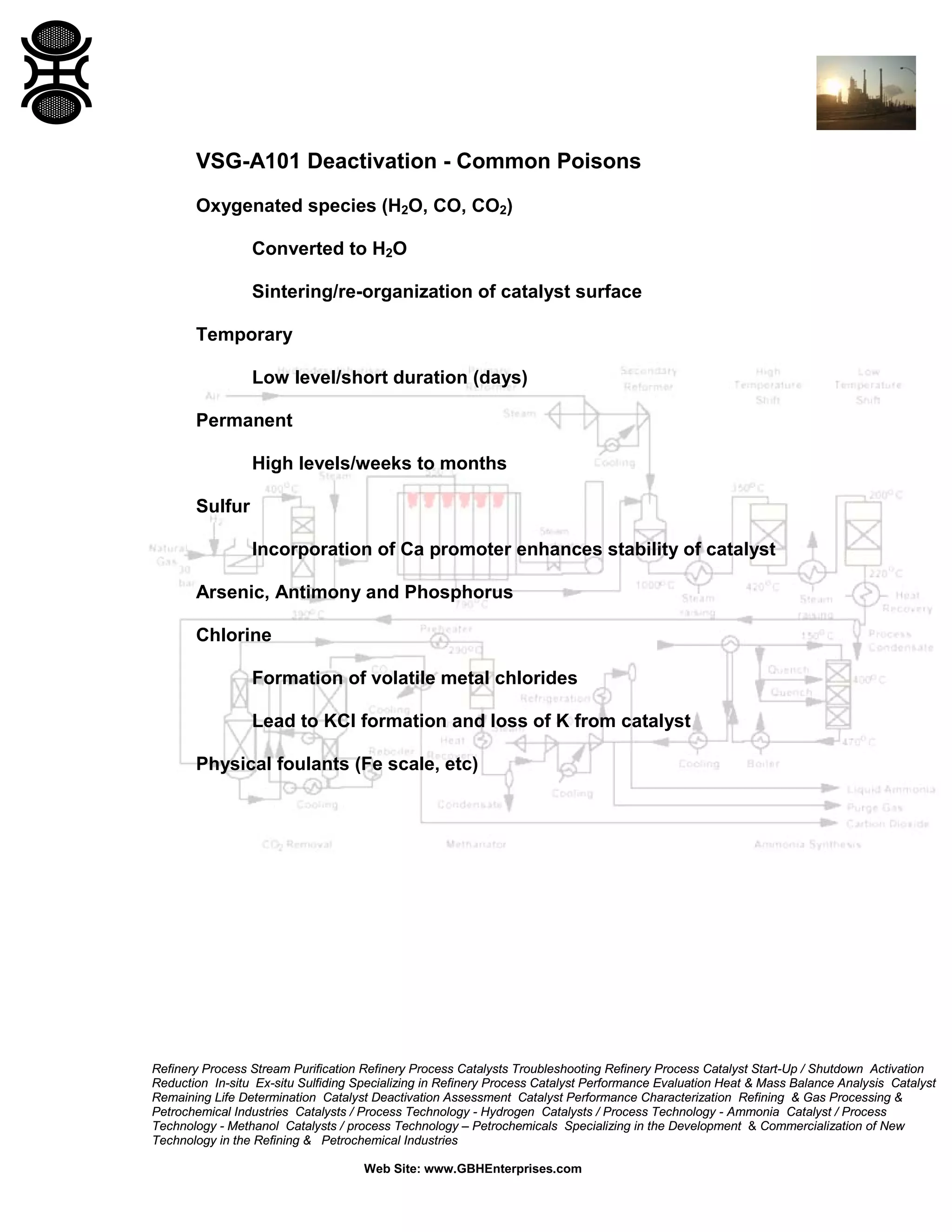 Refinery Process Stream Purification Refinery Process Catalysts Troubleshooting Refinery Process Catalyst Start-Up / Shutdown Activation
Reduction In-situ Ex-situ Sulfiding Specializing in Refinery Process Catalyst Performance Evaluation Heat & Mass Balance Analysis Catalyst
Remaining Life Determination Catalyst Deactivation Assessment Catalyst Performance Characterization Refining & Gas Processing &
Petrochemical Industries Catalysts / Process Technology - Hydrogen Catalysts / Process Technology - Ammonia Catalyst / Process
Technology - Methanol Catalysts / process Technology – Petrochemicals Specializing in the Development & Commercialization of New
Technology in the Refining & Petrochemical Industries
Web Site: www.GBHEnterprises.com
VSG-A101 Deactivation - Common Poisons
Oxygenated species (H2O, CO, CO2)
Converted to H2O
Sintering/re-organization of catalyst surface
Temporary
Low level/short duration (days)
Permanent
High levels/weeks to months
Sulfur
Incorporation of Ca promoter enhances stability of catalyst
Arsenic, Antimony and Phosphorus
Chlorine
Formation of volatile metal chlorides
Lead to KCl formation and loss of K from catalyst
Physical foulants (Fe scale, etc)
 