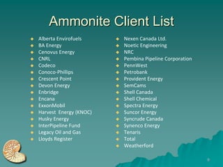 Ammonite Client List
   Alberta Envirofuels        Nexen Canada Ltd.
   BA Energy                  Noetic Engineering
   Cenovus Energy             NRC
   CNRL                       Pembina Pipeline Corporation
   Codeco                     PennWest
   Conoco-Phillips            Petrobank
   Crescent Point             Provident Energy
   Devon Energy               SemCams
   Enbridge                   Shell Canada
   Encana                     Shell Chemical
   ExxonMobil                 Spectra Energy
   Harvest Energy (KNOC)      Suncor Energy
   Husky Energy               Syncrude Canada
   InterPipeline Fund         Synenco Energy
   Legacy Oil and Gas         Tenaris
   Lloyds Register            Total
                               Weatherford

                                                               9
 