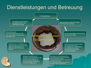 Dienstleistungen und Betreuung
                                                          Fachausbildung


          Unterstützung im Bereich
          Qualitätskontrolle und                                                            Überwachende Sachverständiger
          Qualitätssicherung                                                                (API 510, 570, and 653)




Aufbereitung von
Integritäthandbüchern für Öl- ,                                                                      Korrosionbedingte Fehleranalyse
Gas- und Aufbereitungsanlagen,
und Raffinerien                           Ammonite Corrosion                                         (Cormetrics Labor)


                                            Engineering Inc.
    Aufbereitung von Prüfplänen zur                                                                  Betriebsunterstützung bezüglich
    Überwachung von Rohrleitungen,                                                                   der Interpretation von
    Aufbereitungsanlagen, und                                                                        Prüfergebnissen anschließend
    Raffinerien der Öl und Gas-                                                                      der Qualitätskontrolle zur
    Industrie                                                                                        Verhinderung erheblicher
                                                                                                     Korrosionsschaden.


                           Vorbereitung technischer                        Beratung und Unterstützung in der
                           Richtlinien und Standards für die               Werkstoffauswahl und Betriebsdesign.
                           und Öl- und Gas-Industrie,                      Gestaltung professioneller
                           einschliesslich Offshore und                    Korrosionsschutzverfahren, Auswahl von
                           Onshore-Anlagen, Raffinerien                    Schutzschichten und
                                                                           Korrosionshemmstoffe, die Gestaltung
                           und Rohrleitungsysteme                          spezieller Chemie-Programme.
                                                                                                                                       6
 