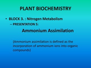 PLANT BIOCHEMISTRY
• BLOCK 3. : Nitrogen Metabolism
– PRESENTATION 5:
Ammonium Assimilation
{Ammonium assimilation is defined as the
incorporation of ammonium ions into organic
compounds}
 