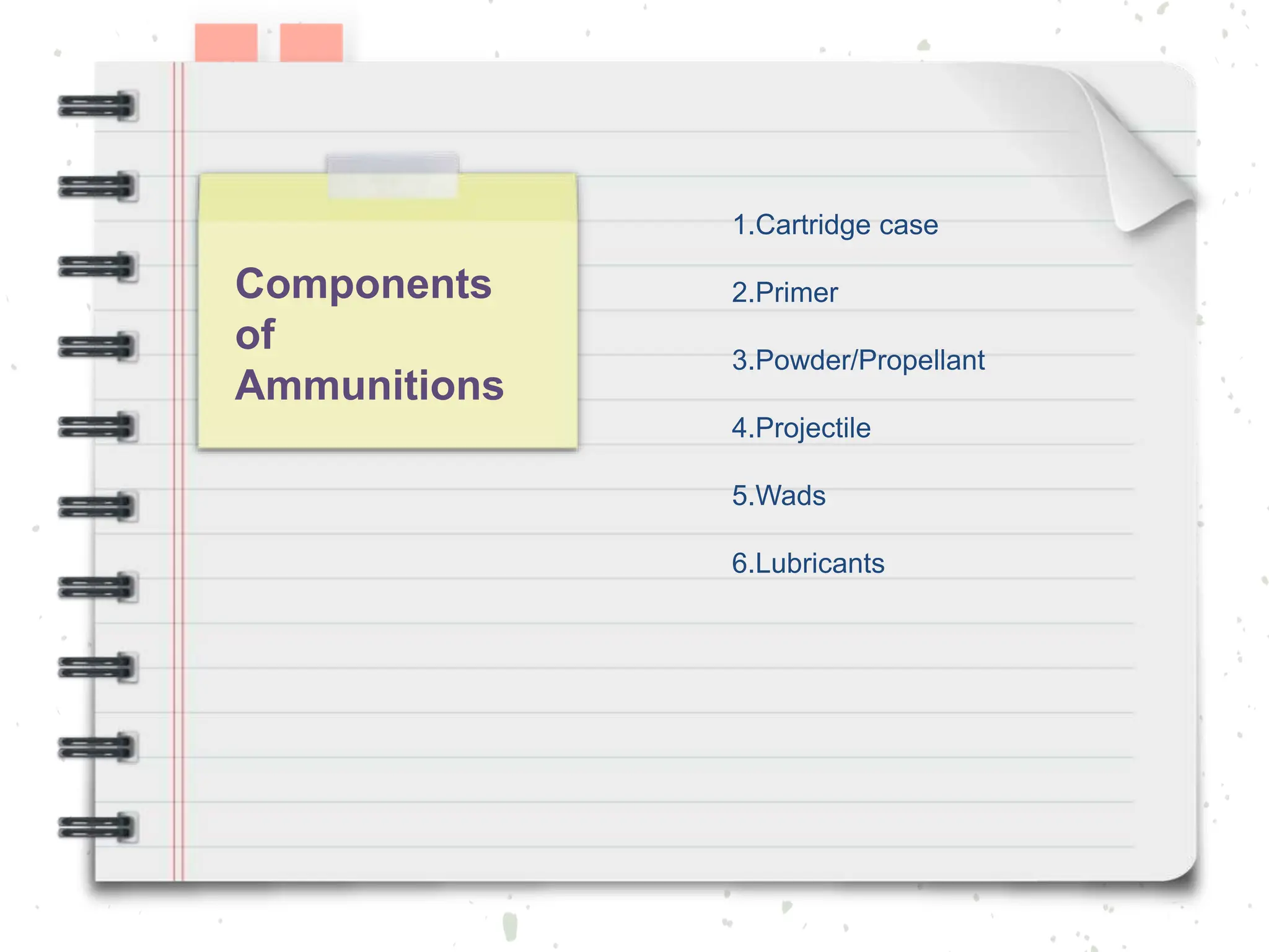 1.Cartridge case
2.Primer
3.Powder/Propellant
4.Projectile
5.Wads
6.Lubricants
Components
of
Ammunitions
 