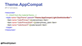 Theme.AppCompat
API v7 and above
<resources>
<!-- inherit from the material theme -->
<style name="AppTheme" parent="Theme.AppCompat.Light.DarkActionBar">
<item name="colorPrimary">@color/primary</item>
<item name="colorPrimaryDark">@color/primary_dark</item>
<item name="colorAccent">@color/accent</item>
</style>
</resources>
@MhmdAljobairi
 