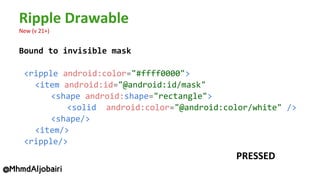 Bound to invisible mask
<ripple android:color="#ffff0000">
<item android:id="@android:id/mask"
<shape android:shape="rectangle">
<solid android:color="@android:color/white" />
<shape/>
<item/>
<ripple/>
@MhmdAljobairi
 