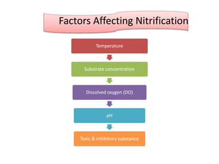 Temperature
Substrate concentration
Dissolved oxygen (DO)
pH
Toxic & inhibitory substance
Factors Affecting Nitrification
 