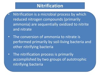 Nitrification
• Nitrification is a microbial process by which
reduced nitrogen compounds (primarily
ammonia) are sequentially oxidized to nitrite
and nitrate
• The conversion of ammonia to nitrate is
performed primarily by soil-living bacteria and
other nitrifying bacteria
• The nitrification process is primarily
accomplished by two groups of autotrophic
nitrifying bacteria
 