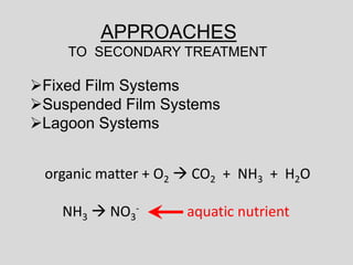 APPROACHES
TO SECONDARY TREATMENT
Fixed Film Systems
Suspended Film Systems
Lagoon Systems
organic matter + O2  CO2 + NH3 + H2O
NH3  NO3
- aquatic nutrient
 