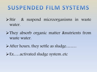 Stir & suspend microorganisms in waste
water.
They absorb organic matter &nutrients from
waste water.
After hours, they settle as sludge……..
Ex…..activated sludge system..etc
 