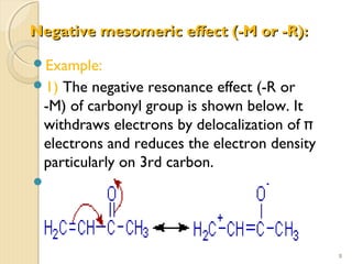 Negative mesomeric effect (-M or -R):Negative mesomeric effect (-M or -R):
Example:
1) The negative resonance effect (-R or
-M) of carbonyl group is shown below. It
withdraws electrons by delocalization of π
electrons and reduces the electron density
particularly on 3rd carbon.
 
8
 