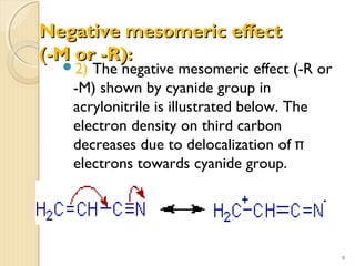 Negative mesomeric effectNegative mesomeric effect
(-M or -R):(-M or -R):
2) The negative mesomeric effect (-R or
-M) shown by cyanide group in
acrylonitrile is illustrated below. The
electron density on third carbon
decreases due to delocalization of π
electrons towards cyanide group.
9
 