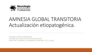 AMNESIA GLOBAL TRANSITORIA
Actualización etiopatogénica.
ENRIQUE BOTIA PANIAGUA
SESIÓN DEL SERVICIO DE NEUROLOGÍA
HOSPITAL GENERAL LA MANCHA CENTRO. 8-11-2016
 