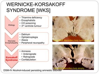 WERNICKE-KORSAKOFF
SYNDROME [WKS]
Etiology
• Thiamine deficiency
• Encephalistis
• CO poisoning
• 3rd ventricle tumour
Wernicke
Encephalopathy
• Delirium
• Ophtalmoplegia
• Ataxia
• Peripheral neuropathy
Korsakoff
Syndrome
• Amnesia
• Anterograde
• Retrograde
• Confabulation
Acute WKS: Mammillary body hemorrhages
Old WKS: Mammillary body atrophy
DSM-IV Alcohol-induced persisting amnestic disorder
 