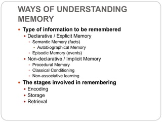 WAYS OF UNDERSTANDING
MEMORY
 Type of information to be remembered
 Declarative / Explicit Memory
 Semantic Memory (facts)
 Autobiographical Memory
 Episodic Memory (events)
 Non-declarative / Implicit Memory
 Procedural Memory
 Classical Conditioning
 Non-associative learning
 The stages involved in remembering
 Encoding
 Storage
 Retrieval
 