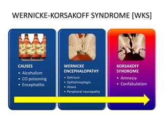 WERNICKE-KORSAKOFF SYNDROME [WKS]
CAUSES
• Alcoholism
• CO poisoning
• Encephalitis
WERNICKE
ENCEPHALOPATHY
• Delirium
• Ophtalmoplegia
• Ataxia
• Peripheral neuropathy
KORSAKOFF
SYNDROME
• Amnesia
• Confabulation
 