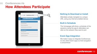 How Attendees Participate
Conferences i/o
The homepage will show a schedule of the
sessions using the app & attendees can
...