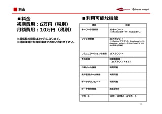 ■                        ■ 用可能な機能
初期費用：6万円（税別）                    項目                     詳細

月額費用：10万円（税別）            キーワード分析数           30キーワード
                                            （※Twitterのキーワードになります。）



※最低契約期間は3ヶ月になります。        ファン分析数             30アカウント
                                            （※Twitterアカウント、Facebookページ、
※詳細は弊社担当営業までお問い合わせ下さい。                      Google+、mixiページ,YouTubeチャンネ
                                            ルの設定が可能）



                         コ   ニケーシ    ン拻 数   15アカウント

                         予約配信               回数無制限
                                            （15アカウントまで）

                         日報メール機能             用可能


                         風評監視メール機能           用可能


                         データダウンロード           用可能


                         データ保存期間            過去1 分


                         サポート               10時 18時メールサポート


                                                                  16
 