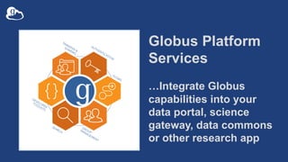 Globus Platform
Services
…Integrate Globus
capabilities into your
data portal, science
gateway, data commons
or other rese...